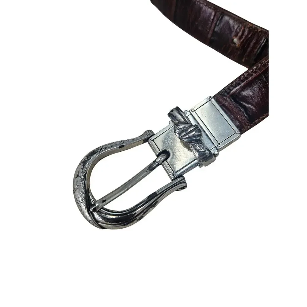 Vintage 90s Brighton XL 36 Brown Leather Flip Belt Minimalist Silver Croc